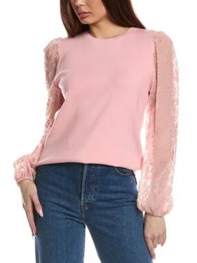 FATE Soft Pink Contrast Burnout Velvet Puff Sleeve Sweater Size Large